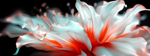  Close-up of a white and red flower against a black backdrop, featuring water droplets on its petals