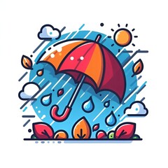 Cartoon style umbrella in the autumn rain on a white background, flat colors