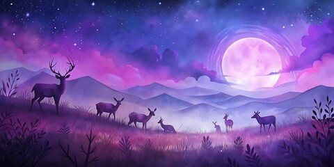 Deer Herd Under Starry Night as Wallpaper or Poster Design