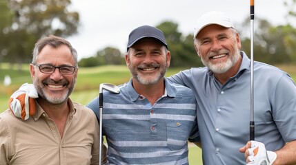 Three men dressed in comfortable golf attire share a cheerful moment on a sunny day, showcasing their friendship and love for the sport in a relaxed setting.