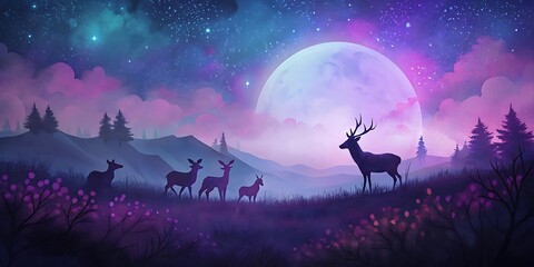 Deer Herd Under Starry Night as Wallpaper or Poster Design