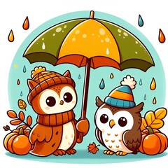 Obraz premium Cartoon style owls under an umbrella in the autumn rain on a white background, flat colors