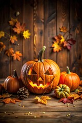 Festive autumn scene with carved pumpkins and colorful leaves.