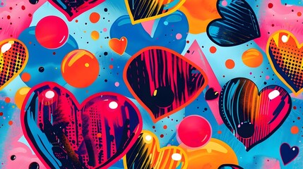 Naklejka premium Radiant Hearts with Comic Book Bubbles and Abstract Shapes