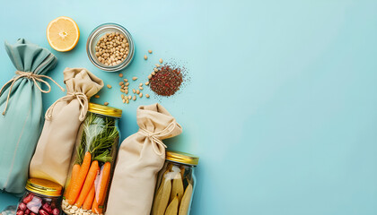 Fototapeta premium Zero waste shopping concept - groceries in textile bags and glass jars, top view