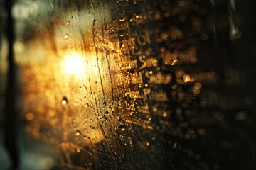 Autumn rain, the inscription on the sweaty glass background with sun flare