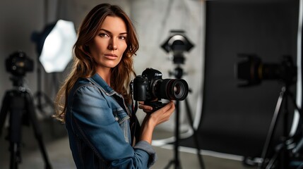 Woman portrait of a professional photographer holding a camera in a studio.