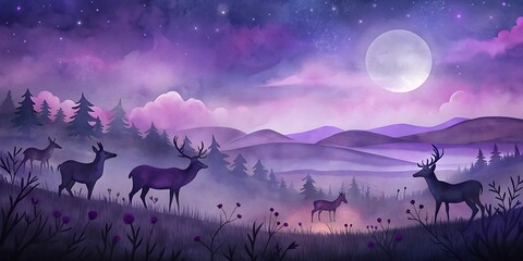 Deer Herd Under Starry Night as Wallpaper or Poster Design