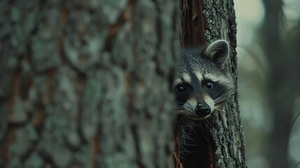 A mischievous raccoon peeking out from behind a tr 332 raccoon, animal, mammal, wildlife, nature, ferret, wild, fur, racoon, polecat, mask, brown, young, isolated, animals, forest, white background, c