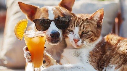 Fototapeta premium Portrait of a dog Jack Russell Terrier and cat Scottish Straight in sunglasses hugging each other holding cocktails in paws