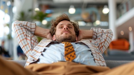 A relaxed man reclines in his office chair, dressed in a casual yet stylish outfit including a tie and plaid shirt, illustrating a laid-back approach to work.
