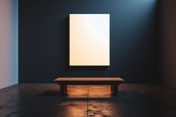 Backlit empty gallery panel in a darkened room. Minimalist design concept