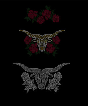 a set of appliques rhinestonnes longhorn with roses