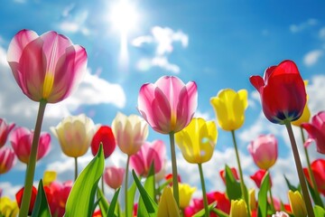 Obraz premium beautiful blooming tulip field on abstract blue sky in springtime, floral concept