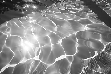 black and white overlay water surface with bright sun light reflections, water in swimming pool background close