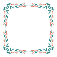 Green floral frame with orange flowers, decorative corners for greeting cards, banners, business cards, invitations, menus. Isolated vector illustration.	