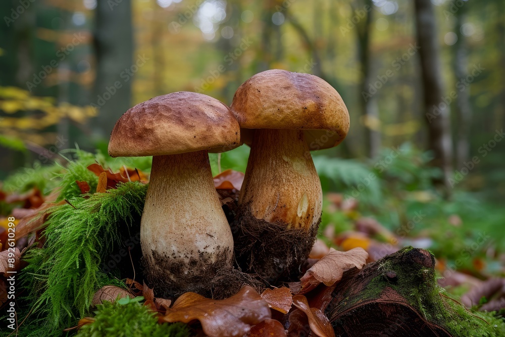 Poster close-up macro photography of wild mushrooms in the autumn forest natural environment. showcasing th