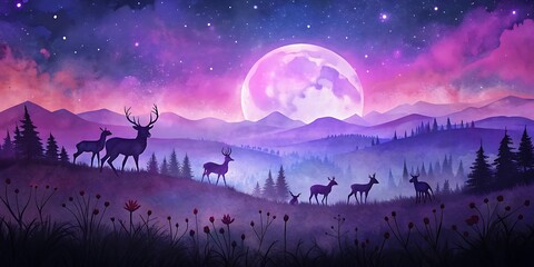 Deer Herd Under Starry Night as Wallpaper or Poster Design