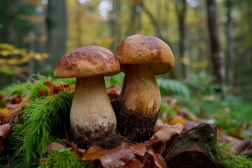Close-up macro photography of wild mushrooms in the autumn forest natural environment. Showcasing the serene and tranquil biodiversity of the woodland floor during the fall season. With leaves. Moss