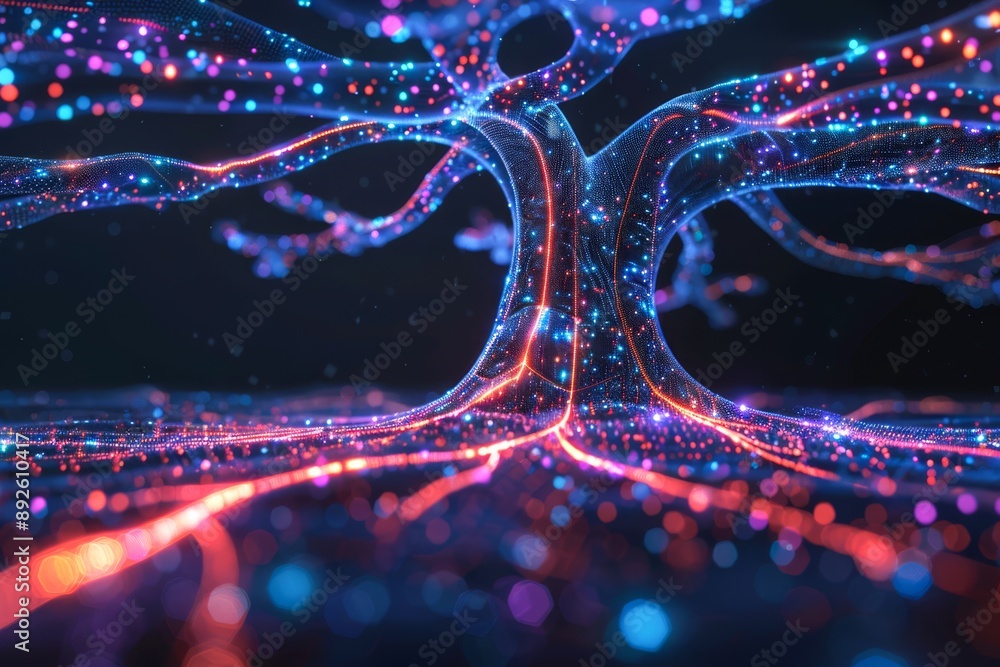 Poster visualization of a neural network as an abstract, digital tree with branching pathways and luminous 