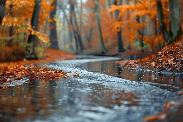 Obraz premium Peaceful stream and colorful foliage in a vibrant autumn forest with winding paths, tilt-shift blur effect, focus on water, whimsical, composite, tranquil setting backdrop