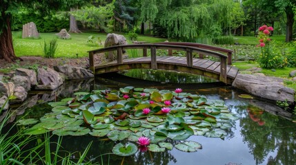 Obraz premium Tranquil Pond with Wooden Bridge and Water Lilies.
