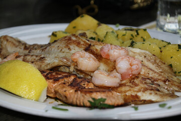 plate with grilled fish, salmon, pangasius, sea bream, scampies, rice, potatoes and lemon, seafood, parsley,