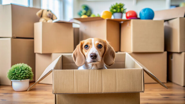 Adorable dog peeking out of cardboard box amidst piles of packed boxes, toys, and chaos, symbolizing excitement and uncertainty of moving to a new home.