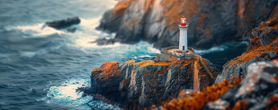 Rugged rock formations and a lighthouse on a coastal cliffside with crashing waves, tilt-shift blur effect, focus on cliff, whimsical, composite, oceanic backdrop - Powered by Adobe
