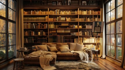 Obraz premium Cozy Reading Nook with Large Bookshelf and View of Autumn Foliage.