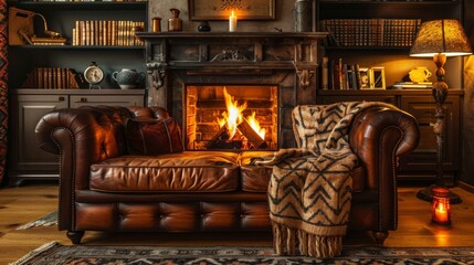 Cozy Living Room with Fireplace and Leather Sofa.