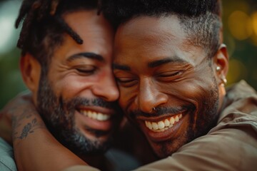 Fototapeta premium 21072139 08 A beautiful close-up image of a happy gay couple hugging, their faces glowing with happiness and love. The photograph captures the intimate moment, focusing on the couple's embrace and
