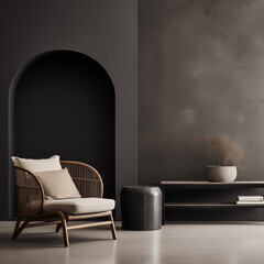 Modern Living Room Interior Design with Rattan Chair and Black Marble Side Table