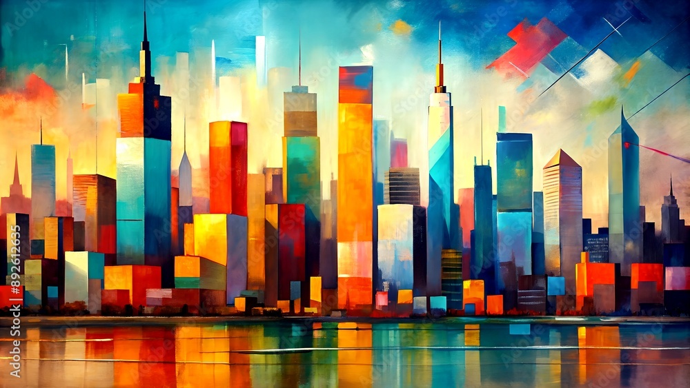 Poster city lights and shadows: an abstract portrayal of a bustling city skyline with a captivating interpl