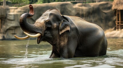 An elephant is in a body of water, splashing around and spraying water. The elephant appears to be enjoying itself and is not afraid of the water