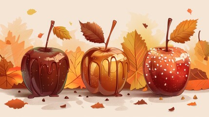Three Caramel Apples with Fall Leaves