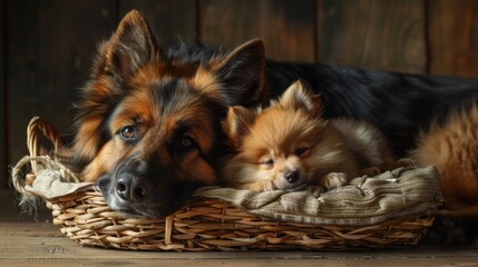 German Shepherd and Pomeranian Relaxing in a Basket