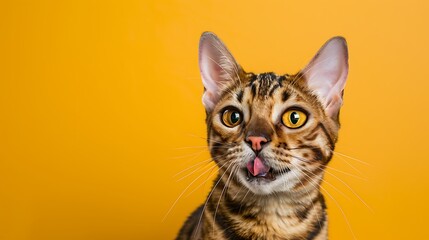 Obraz premium satisfied bengal cat licking lips after eating on orange background