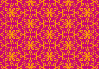 Fototapeta premium Vibrant Blooms: A seamless pattern of stylized flowers in bold fuchsia and orange hues, radiating energy and joy. Perfect for textiles, backgrounds, and festive designs. 
