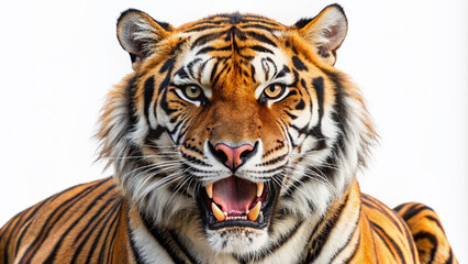 Fototapeta premium Fierce tiger roaring intensely, isolated on a pure white background, showcasing its powerful muscles and vibrant orange stripes with a sharp, regal expression.