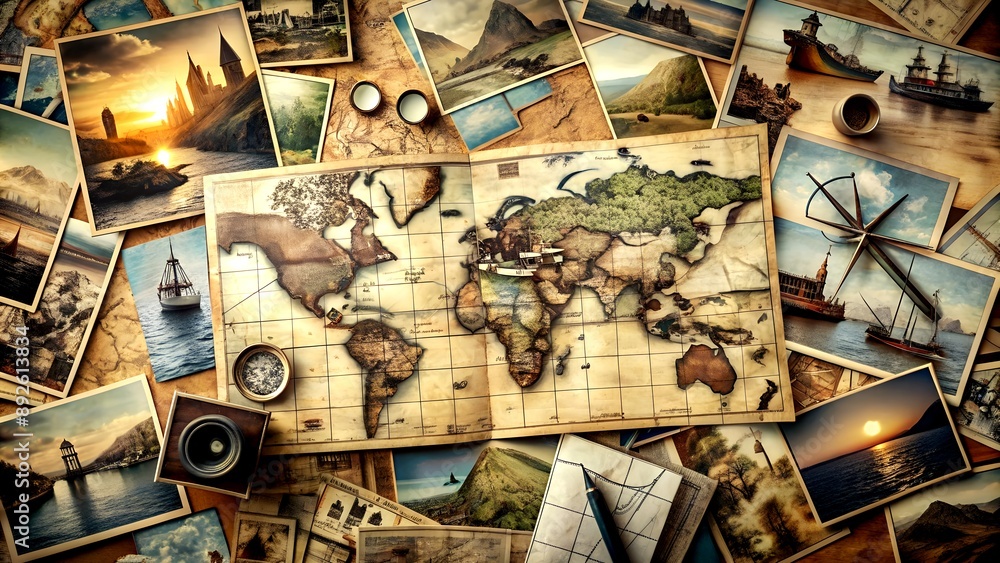 Poster a journey through time: a collage of vintage maps and photographs, creating a visual narrative of ex