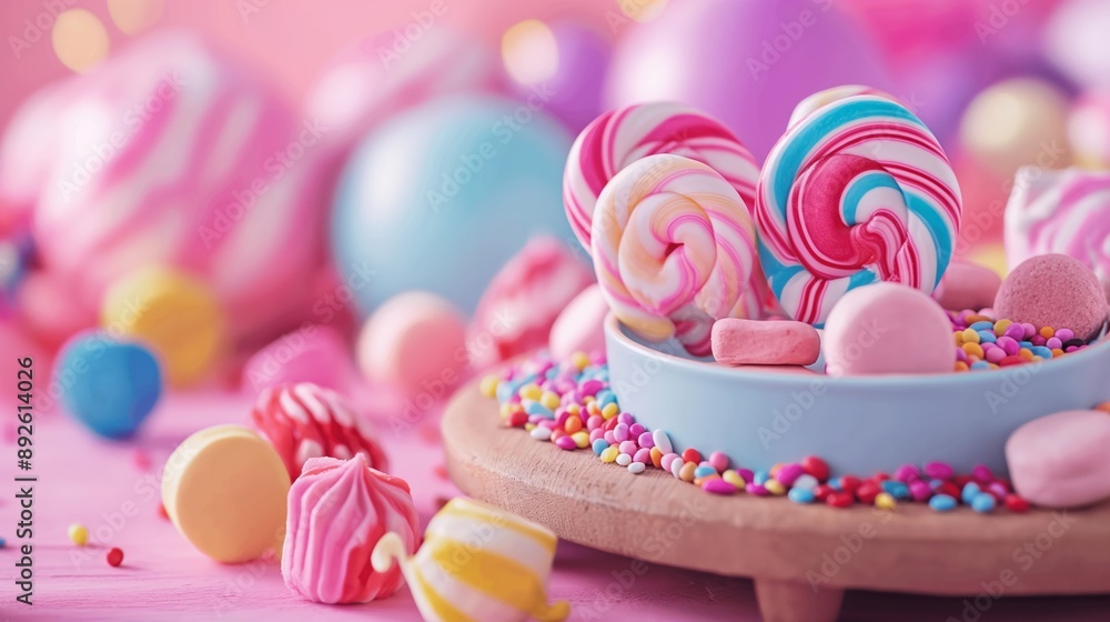 Aufkleber a colorful assortment of candy and lollipops are displayed on a wooden tray. the candy is arranged i