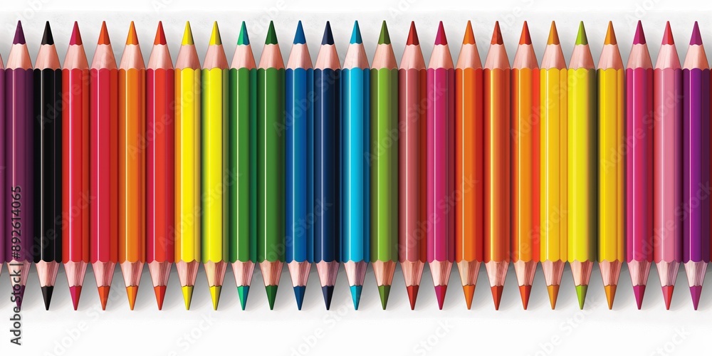 Poster a row of colored pencils are lined up in a row. the pencils are of different colors and are arranged