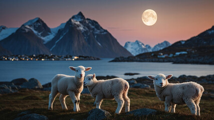 Obraz premium Lambs in mountain night landscape.