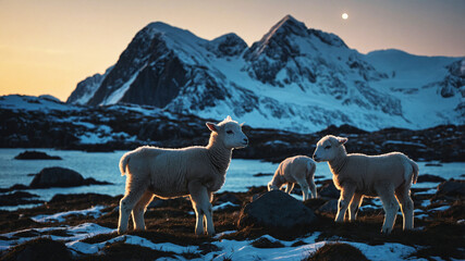 Naklejka premium Lambs in mountain night landscape.
