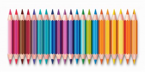 A row of colored pencils with a rainbow of colors. The pencils are lined up in a row, with the colors ranging from purple to yellow