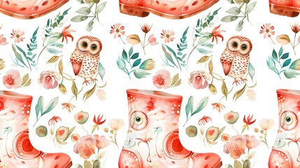 Whimsical Spring Rain Boots with Charming Owl Faces and Floral Motifs