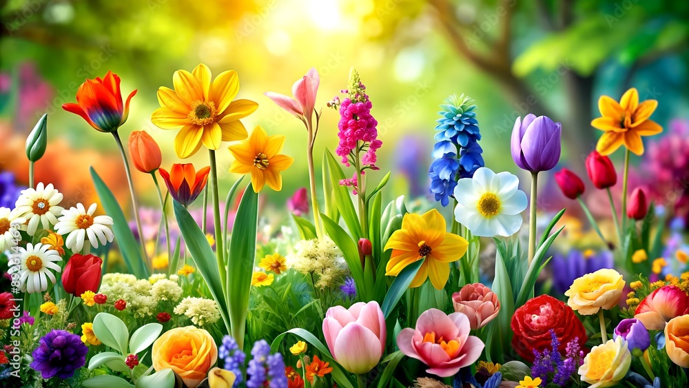 Poster a tapestry of colors: exploring the vivid hues of a spring garden in a floral composition generative