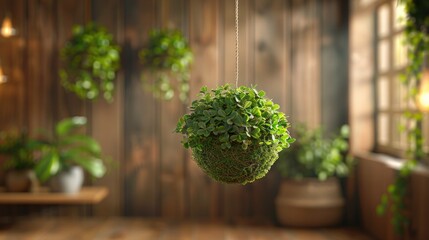 Cozy Interior with Hanging Kokedama and Cascading Ivy