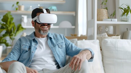 A man wearing a VR headset is sitting on a couch in a living room, smiling and looking at something in the virtual world.